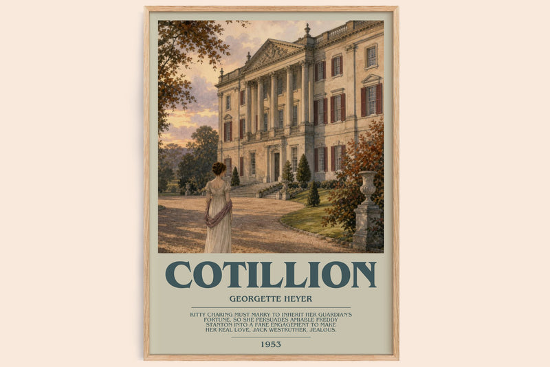 Cotillion bookish book poster by Georgette Heyer – framed literary art print
