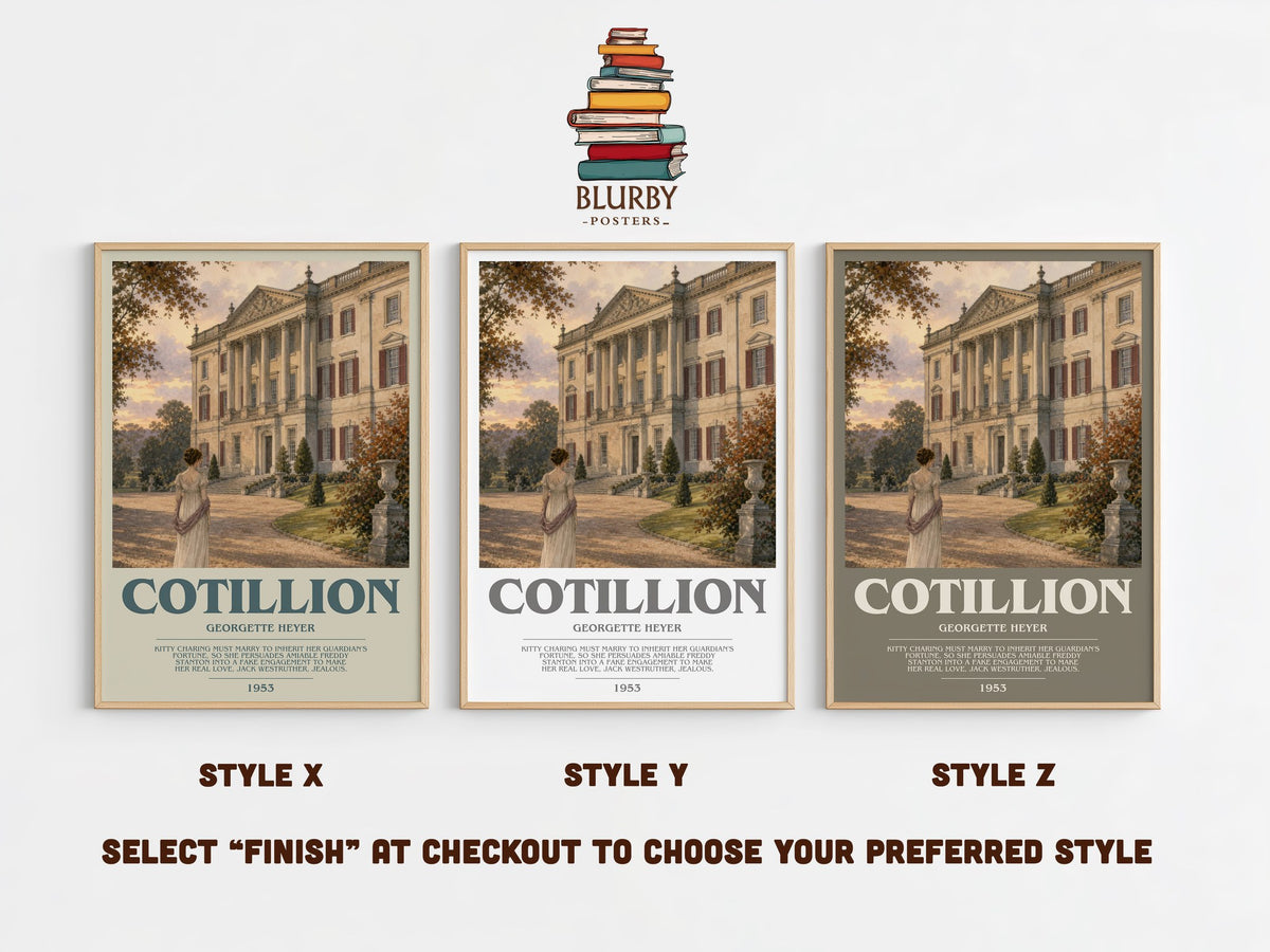 Cotillion bookish print in frame leaning in hallway – romance wall art (mockup)