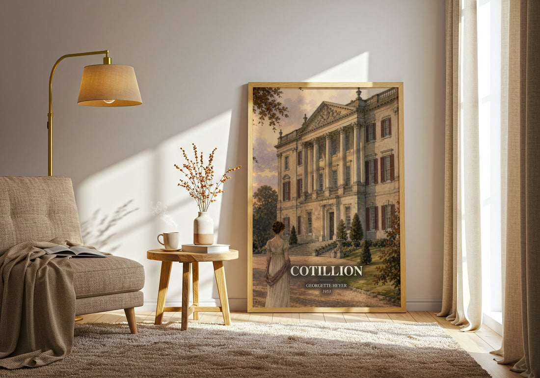 Cotillion watercolour print in frame leaning in hallway – romance wall art (mockup)