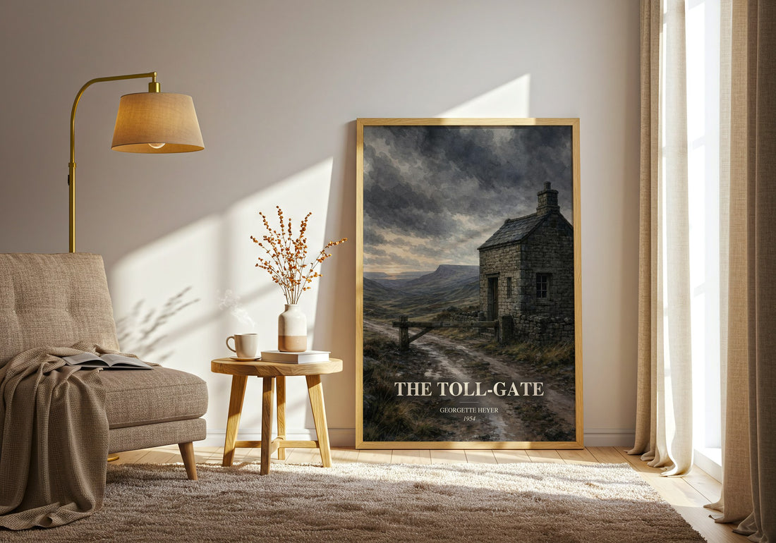 The Toll-Gate watercolour print in frame leaning in hallway – romance wall art (mockup)