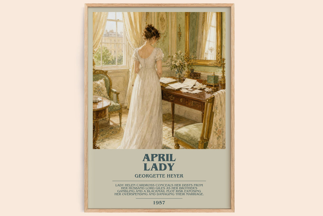 April Lady bookish book poster by Georgette Heyer – framed literary art print