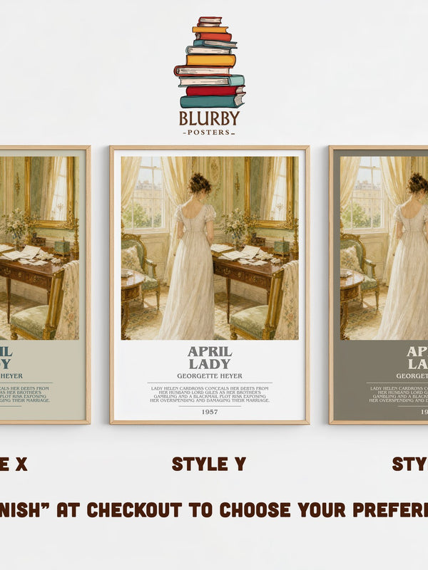 April Lady bookish print in frame leaning in hallway – romance wall art
