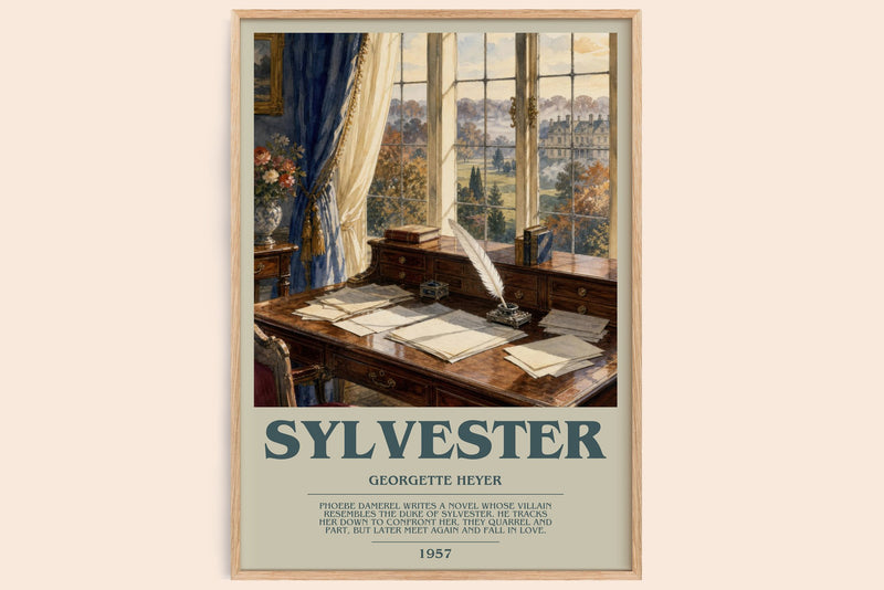 Sylvester bookish book poster by Georgette Heyer – framed literary art print
