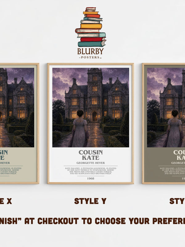 Cousin Kate bookish print in frame leaning in hallway – romance wall art