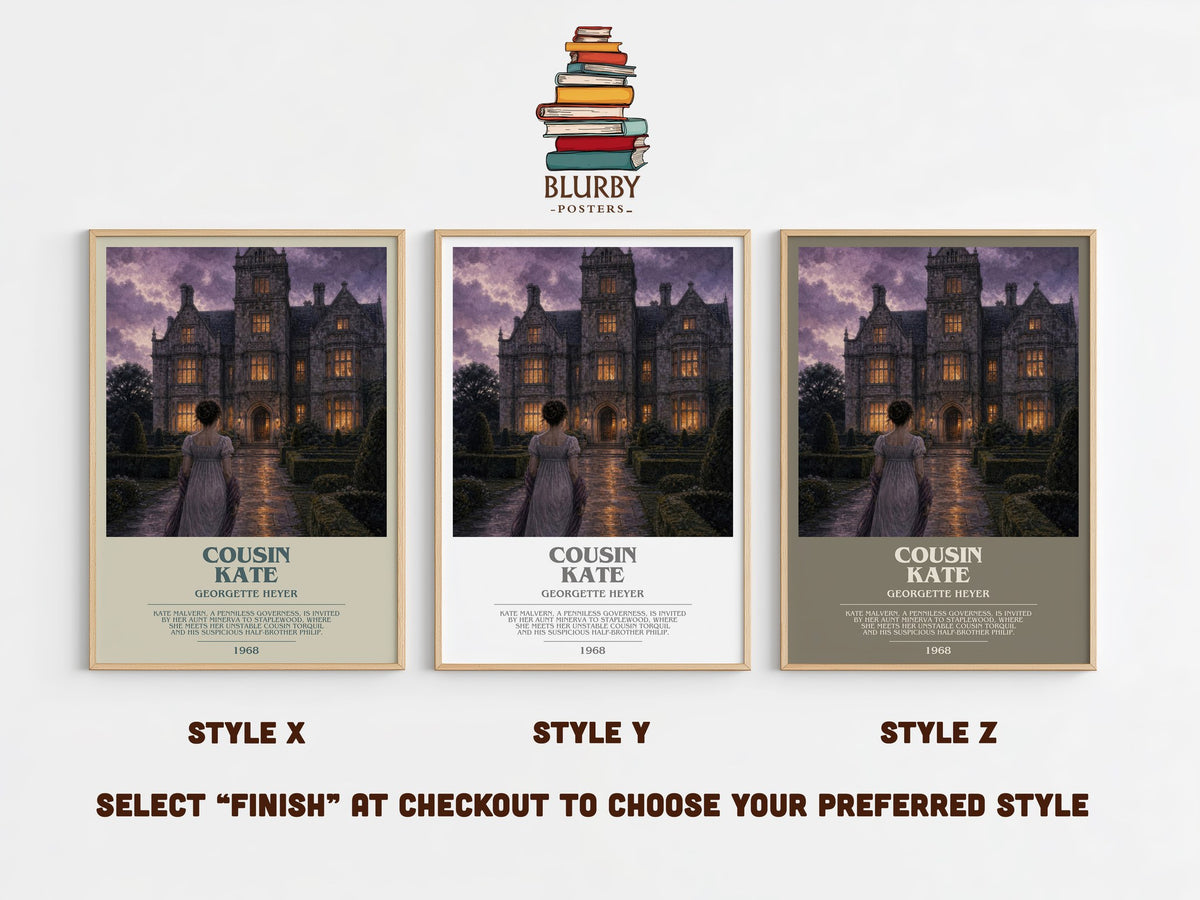 Cousin Kate bookish print in frame leaning in hallway – romance wall art (mockup)