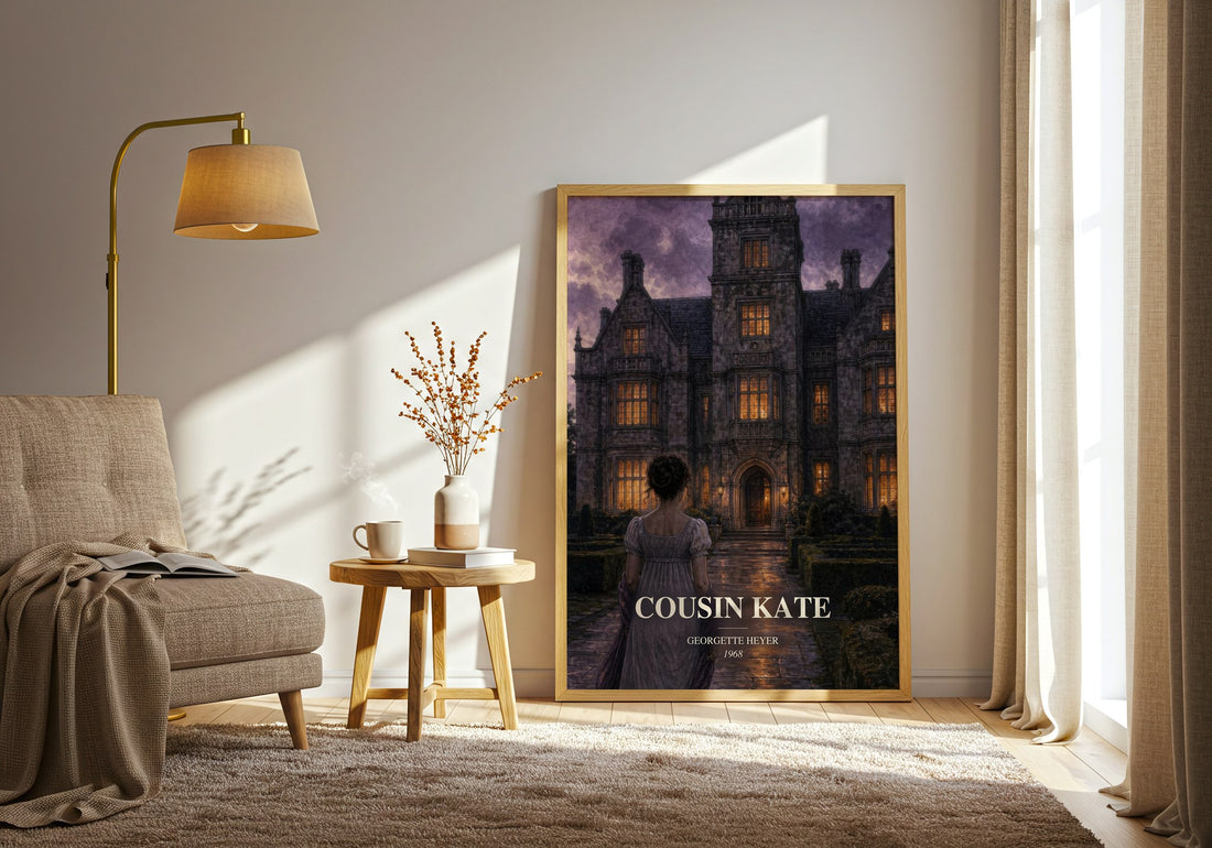 Cousin Kate watercolour print in frame leaning in hallway – romance wall art (mockup)