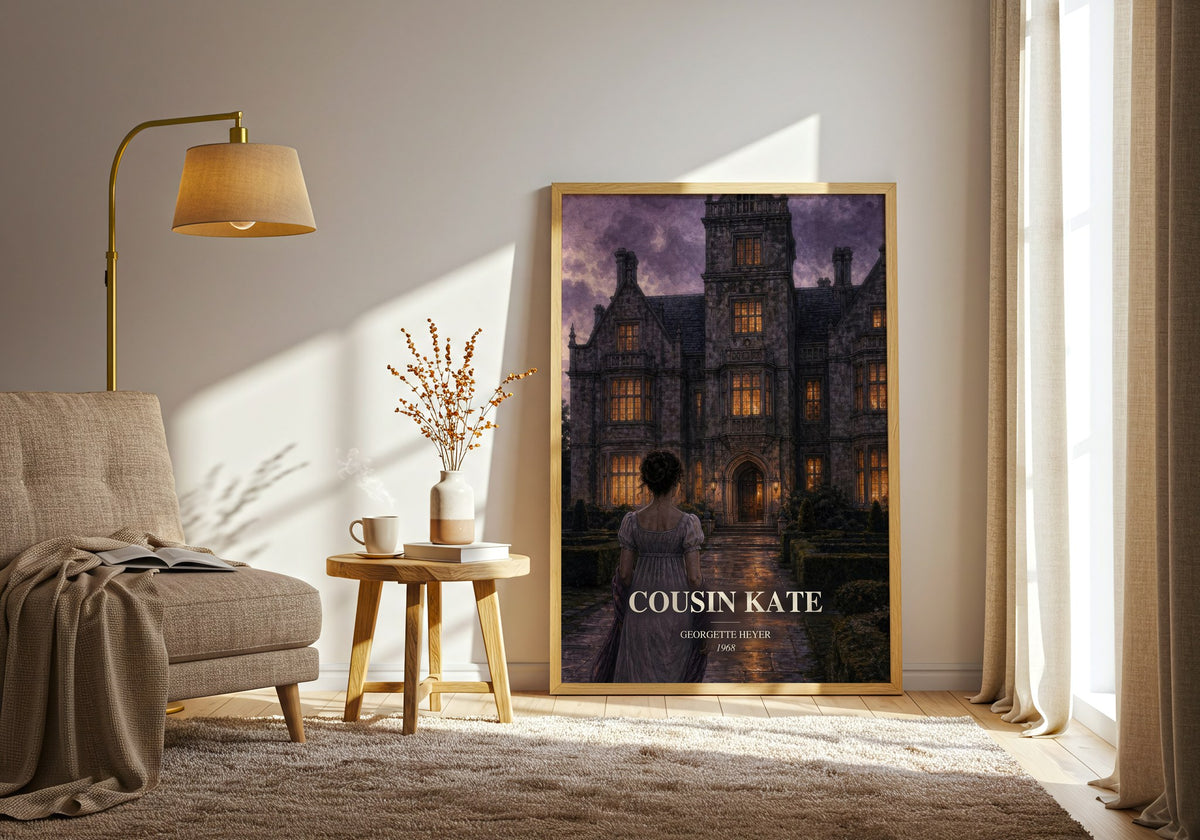 Cousin Kate watercolour print in frame leaning in hallway – romance wall art (mockup)