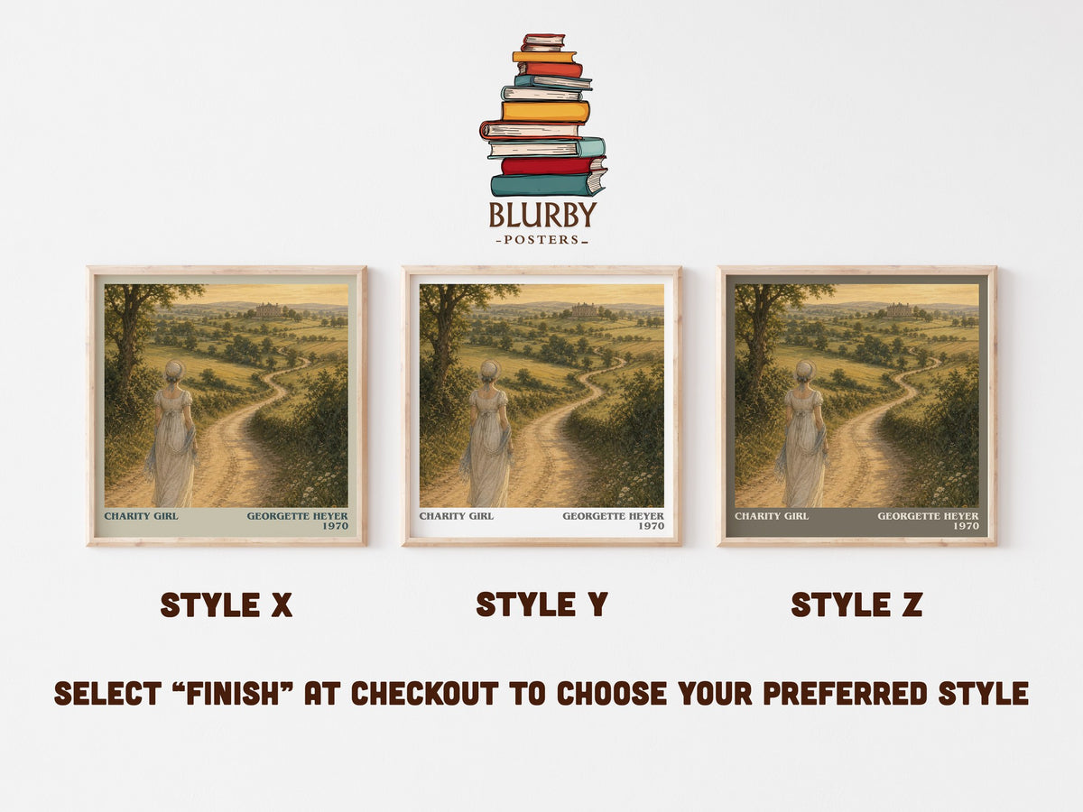Charity Girl literary print in frame leaning in hallway – romance wall art (mockup)
