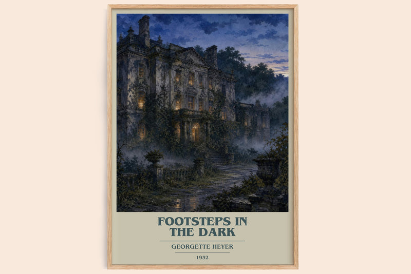 Footsteps in the Dark book cover book poster by Georgette Heyer – framed literary art print