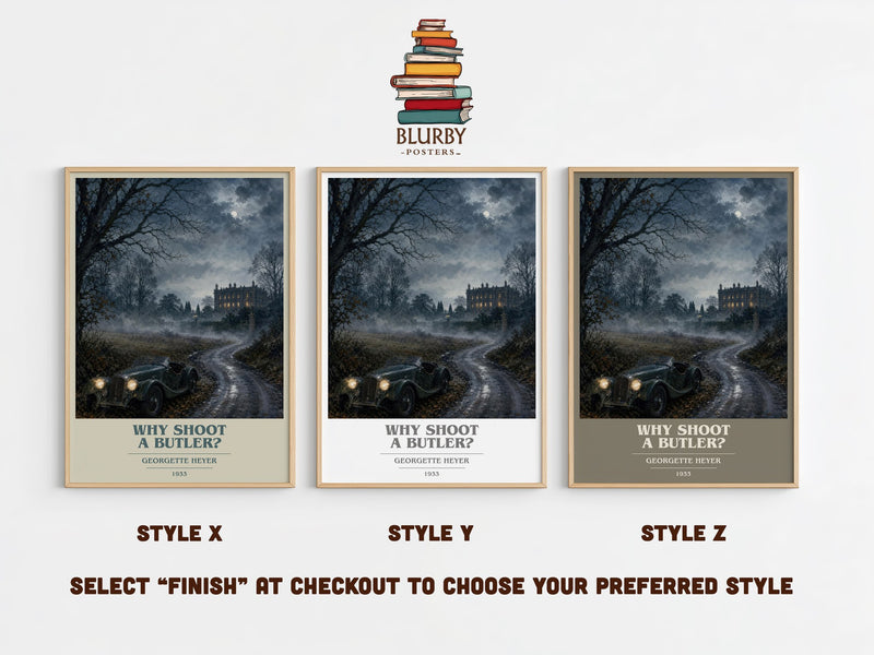 Why Shoot a Butler? book cover print in frame leaning in hallway – mystery wall art