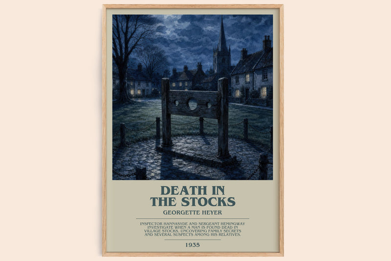 Death in the Stocks bookish book poster by Georgette Heyer – framed literary art print