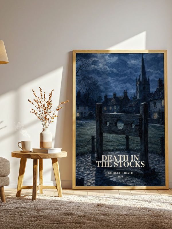 Death in the Stocks watercolour print in frame leaning in hallway – mystery wall art