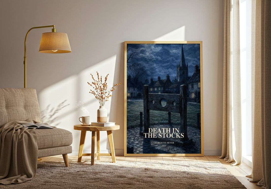 Death in the Stocks watercolour print in frame leaning in hallway – mystery wall art (mockup)