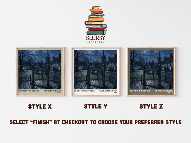 Death in the Stocks literary print in frame leaning in hallway – mystery wall art