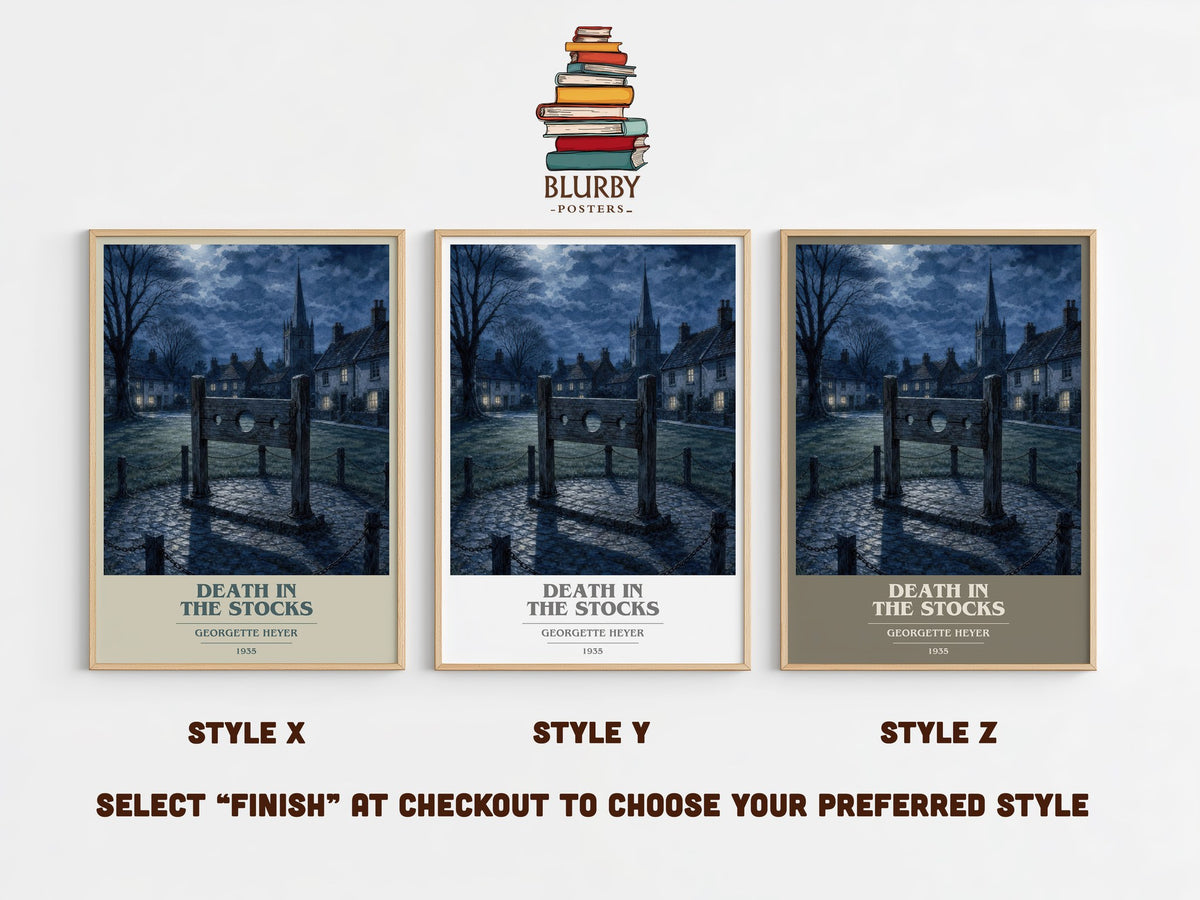 Death in the Stocks book cover print in frame leaning in hallway – mystery wall art (mockup)
