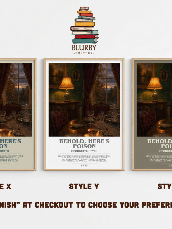 Behold, Here's Poison bookish print in frame leaning in hallway – mystery wall art