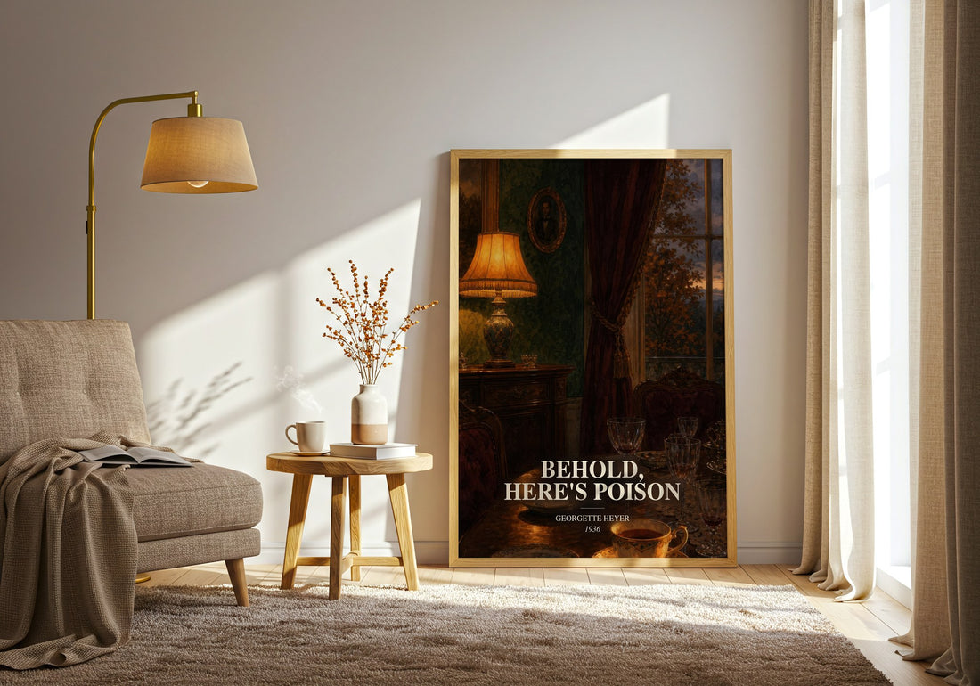 Behold, Here's Poison watercolour print in frame leaning in hallway – mystery wall art (mockup)