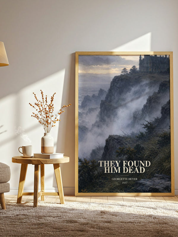 They Found Him Dead watercolour print in frame leaning in hallway – mystery wall art