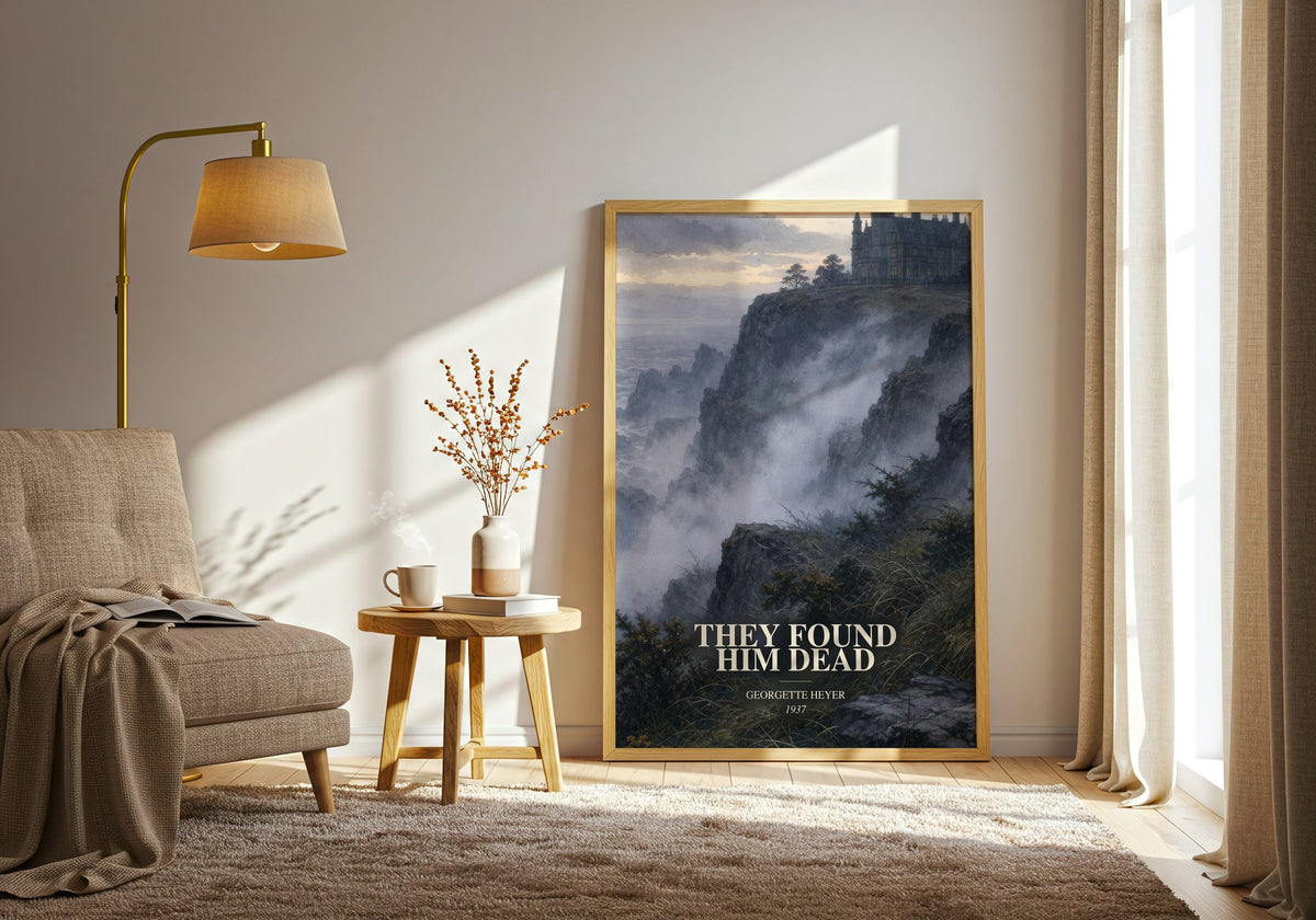 They Found Him Dead watercolour print in frame leaning in hallway – mystery wall art (mockup)