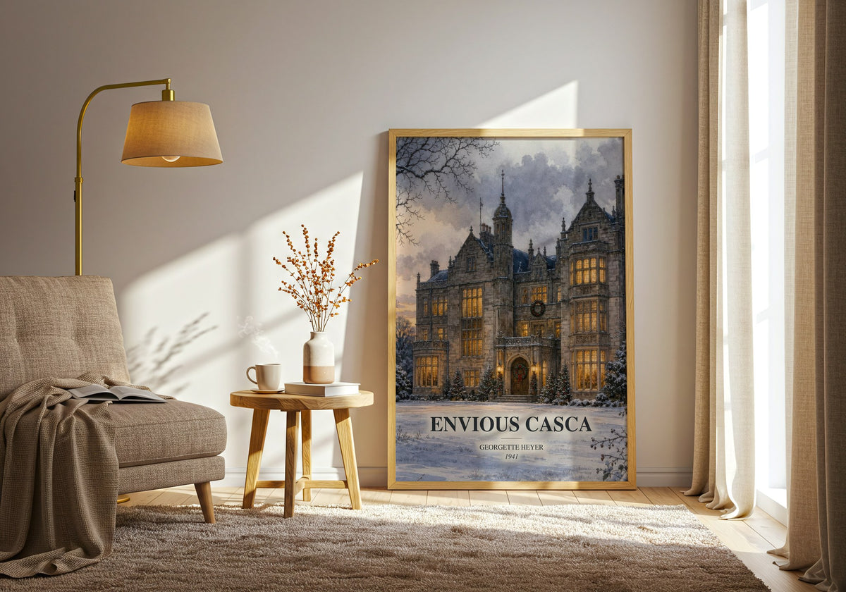 Envious Casca watercolour print in frame leaning in hallway – mystery wall art (mockup)