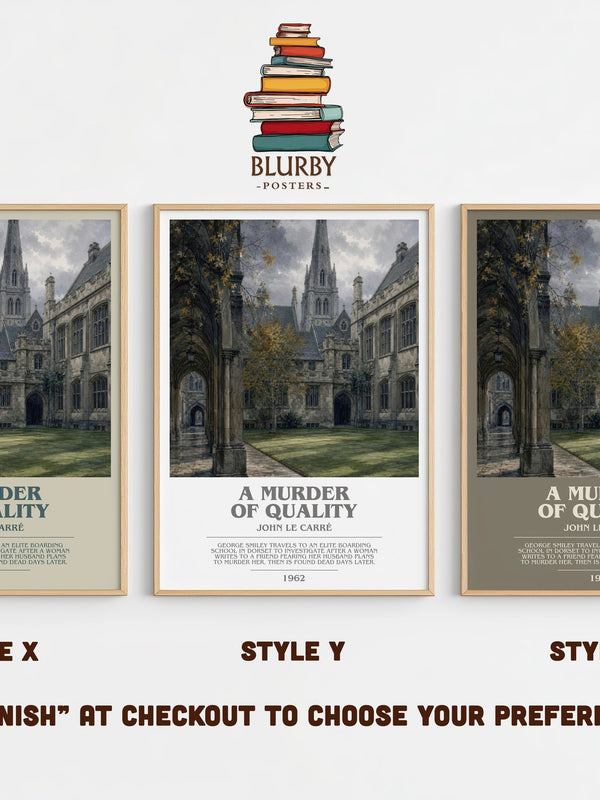 A Murder of Quality bookish print in frame leaning in hallway – mystery wall art