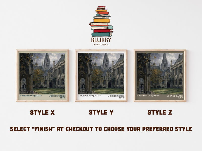 A Murder of Quality literary print in frame leaning in hallway – mystery wall art