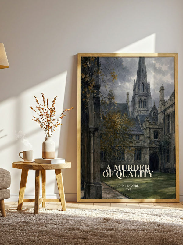 A Murder of Quality watercolour print in frame leaning in hallway – mystery wall art