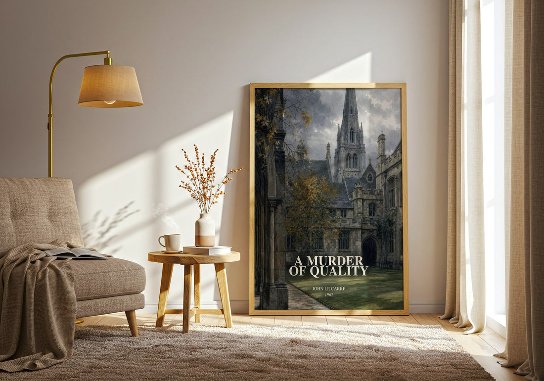 A Murder of Quality watercolour print in frame leaning in hallway – mystery wall art (mockup)