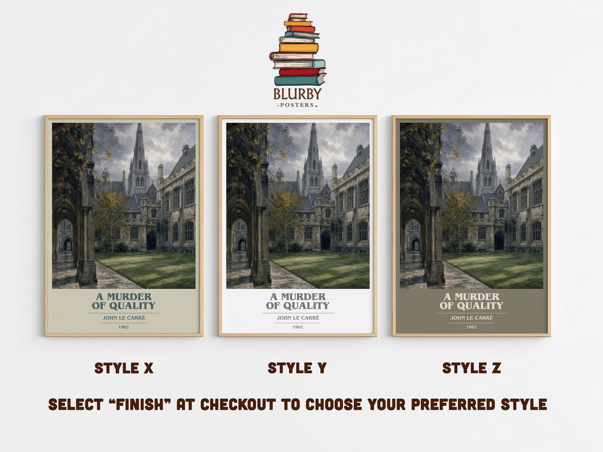 A Murder of Quality book cover print in frame leaning in hallway – mystery wall art (mockup)