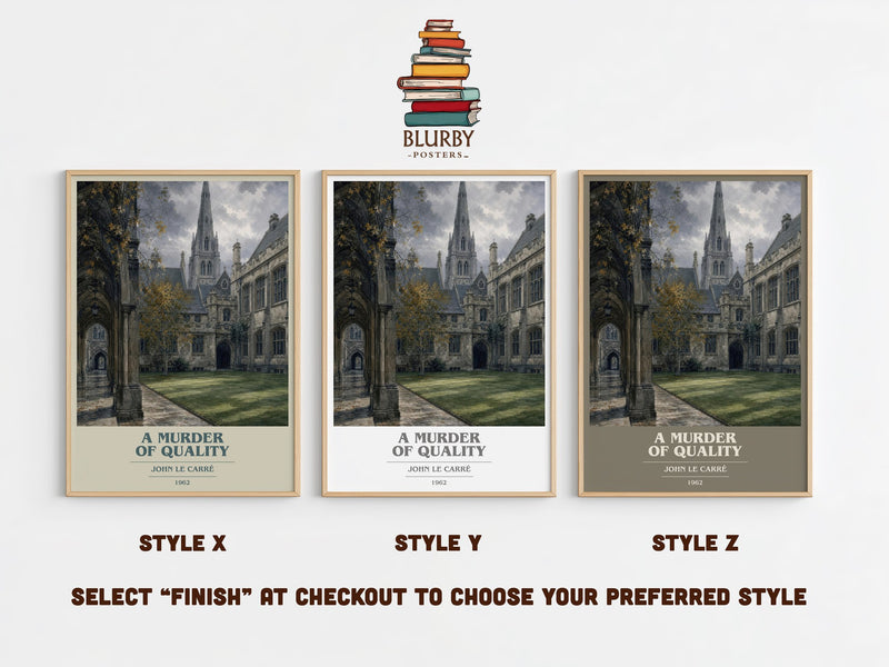 A Murder of Quality book cover print in frame leaning in hallway – mystery wall art