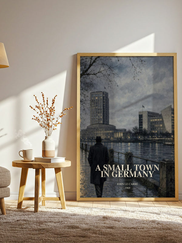 A Small Town in Germany watercolour print in frame leaning in hallway – thriller wall art