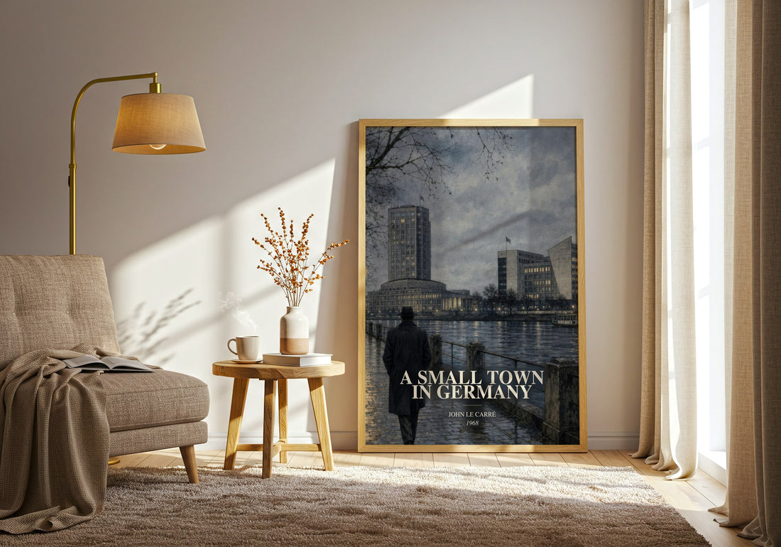 A Small Town in Germany watercolour print in frame leaning in hallway – thriller wall art (mockup)