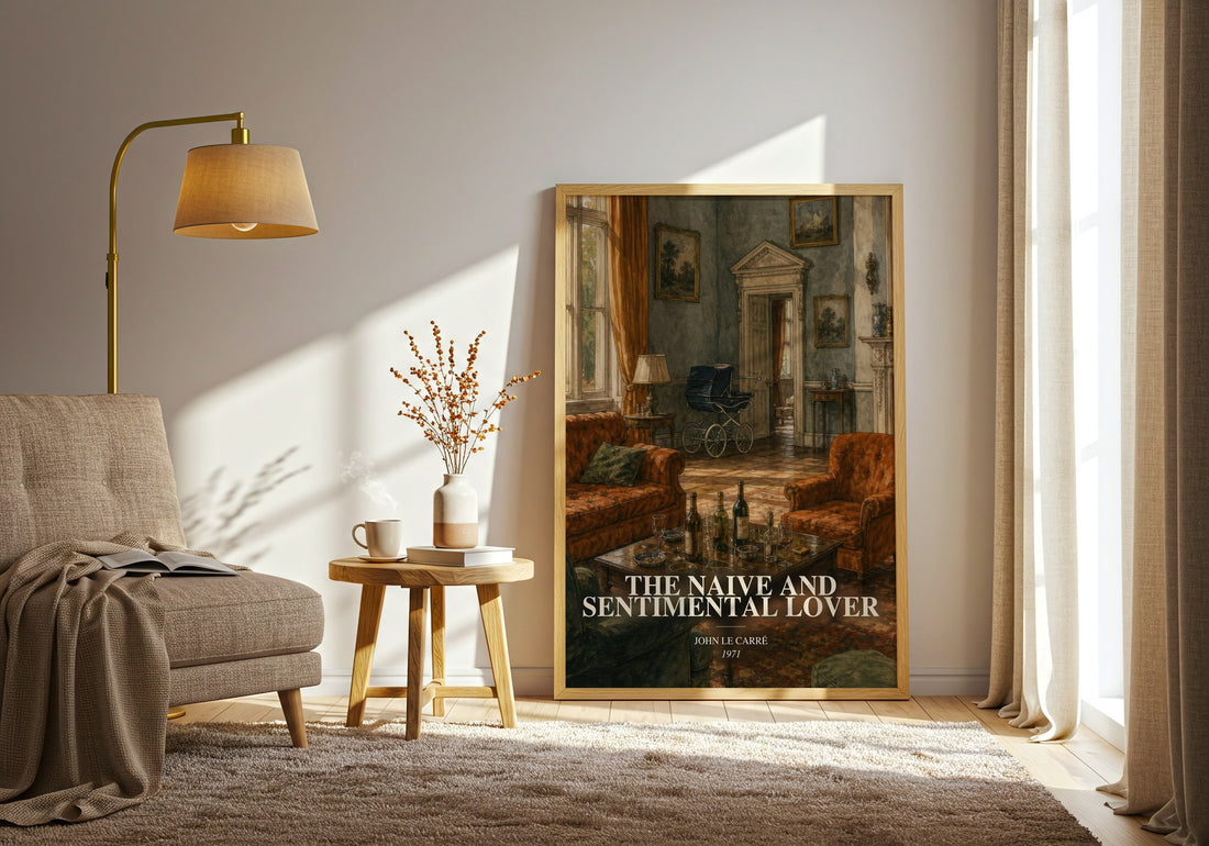 The Naive and Sentimental Lover watercolour print in frame leaning in hallway – literary fiction wall art (mockup)