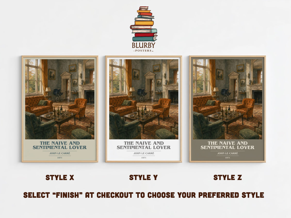 The Naive and Sentimental Lover book cover print in frame leaning in hallway – literary fiction wall art (mockup)