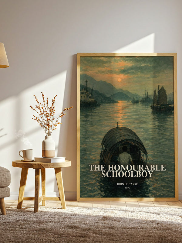 The Honourable Schoolboy watercolour print in frame leaning in hallway – thriller wall art