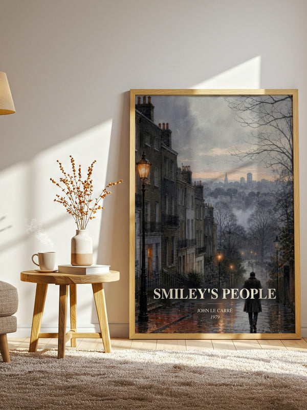 Smiley's People watercolour print in frame leaning in hallway – thriller wall art