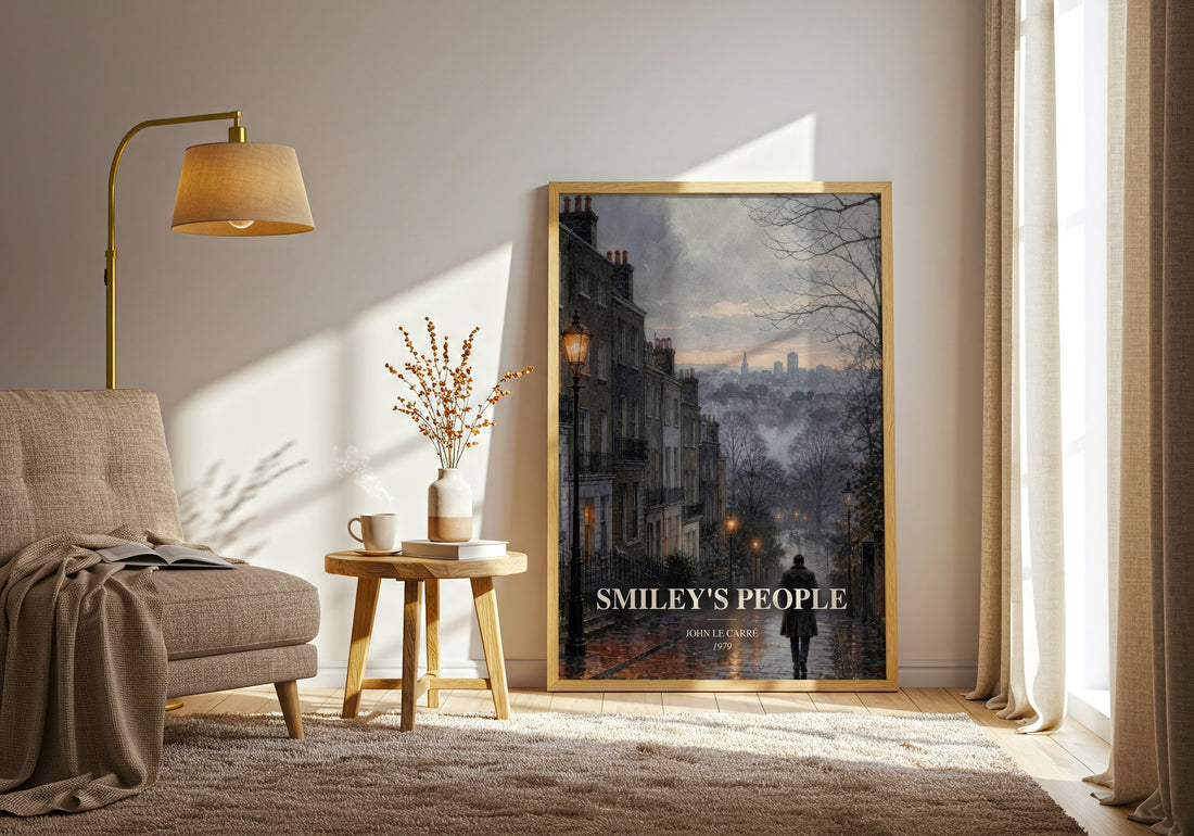 Smiley's People watercolour print in frame leaning in hallway – thriller wall art (mockup)