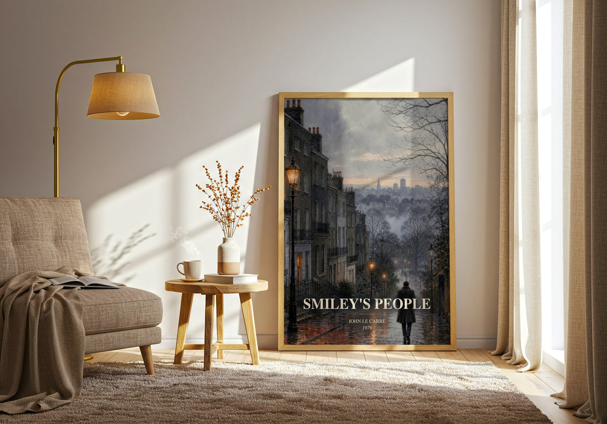 Smiley's People watercolour print in frame leaning in hallway – thriller wall art (mockup)