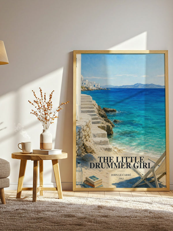 The Little Drummer Girl watercolour print in frame leaning in hallway – thriller wall art
