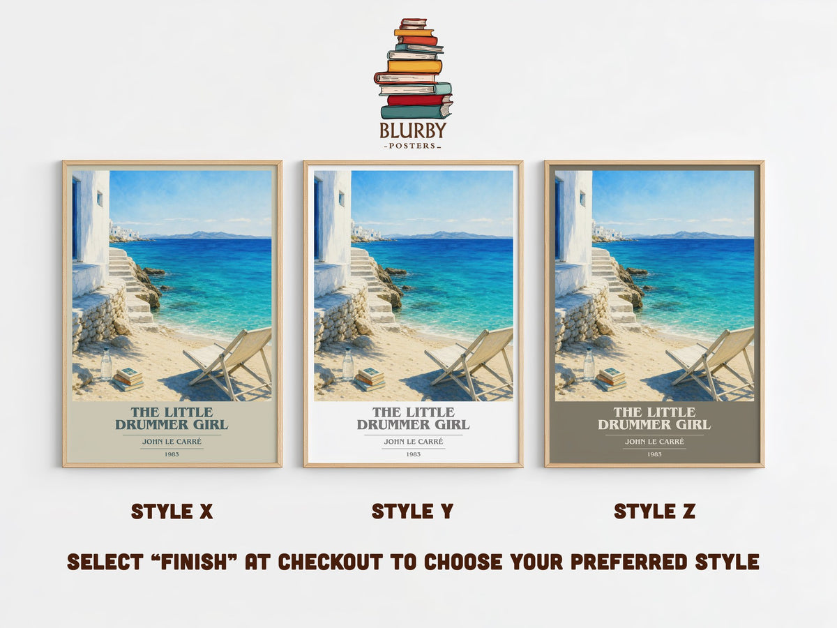 The Little Drummer Girl book cover print in frame leaning in hallway – thriller wall art (mockup)