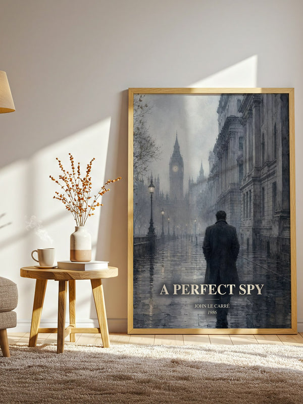 A Perfect Spy watercolour print in frame leaning in hallway – thriller wall art