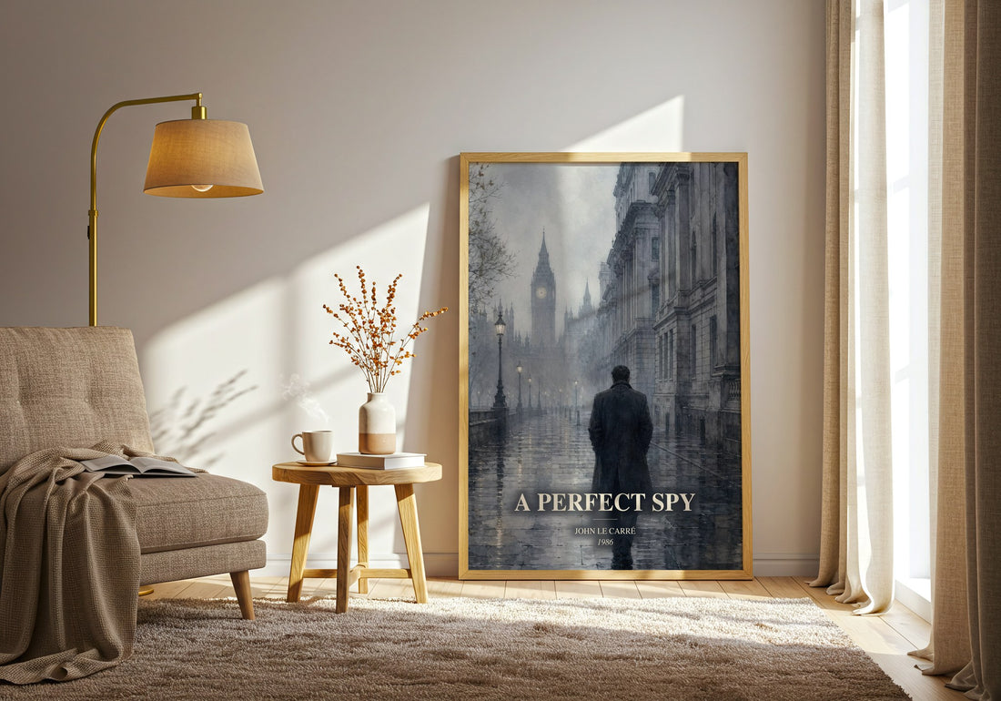 A Perfect Spy watercolour print in frame leaning in hallway – thriller wall art (mockup)