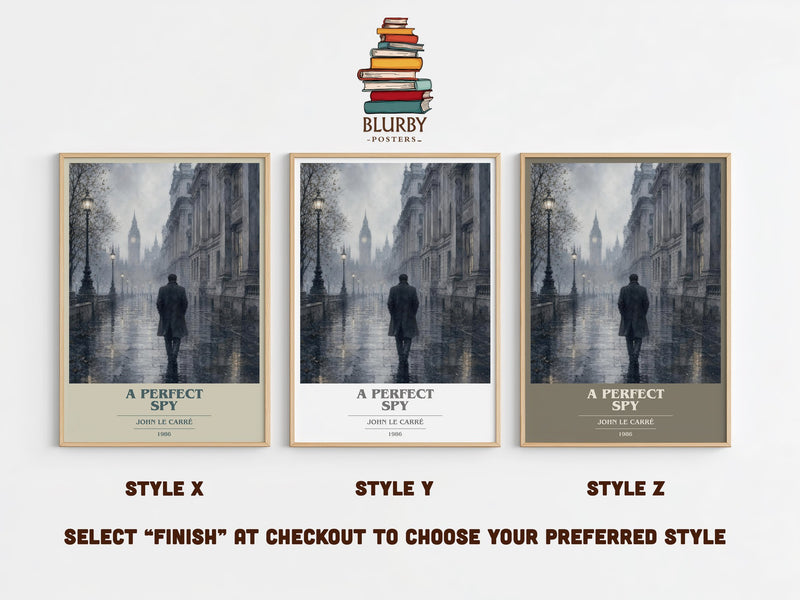 A Perfect Spy book cover print in frame leaning in hallway – thriller wall art