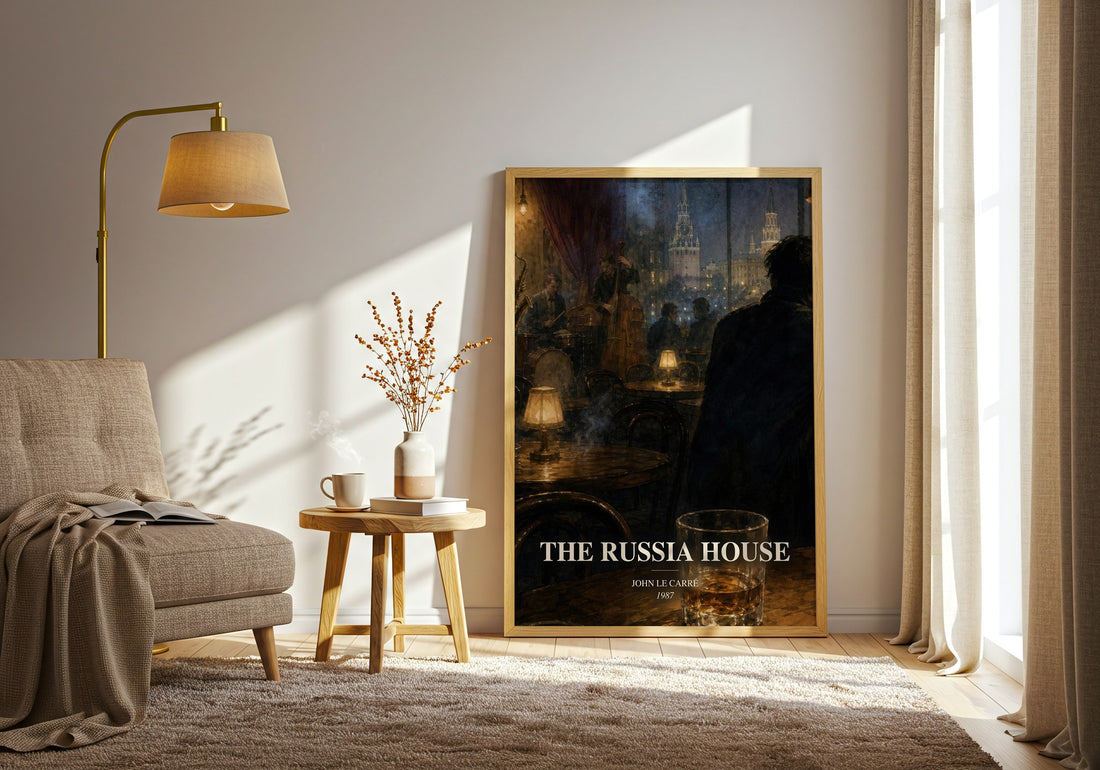 The Russia House watercolour print in frame leaning in hallway – thriller wall art (mockup)