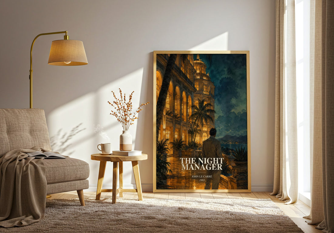 The Night Manager watercolour print in frame leaning in hallway – thriller wall art (mockup)