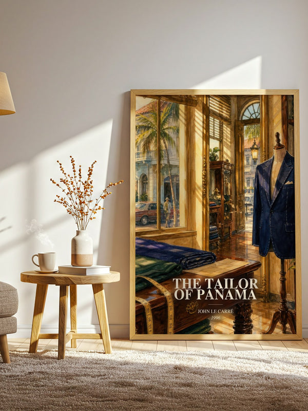 The Tailor of Panama watercolour print in frame leaning in hallway – thriller wall art
