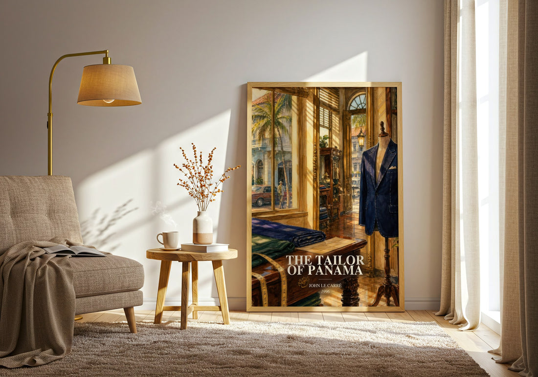 The Tailor of Panama watercolour print in frame leaning in hallway – thriller wall art (mockup)