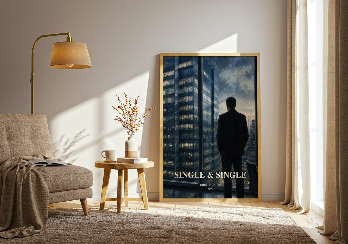 Single & Single watercolour print in frame leaning in hallway – legal thriller wall art (mockup)