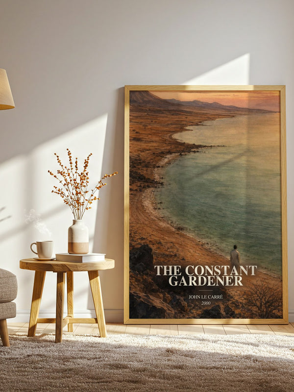 The Constant Gardener watercolour print in frame leaning in hallway – thriller wall art