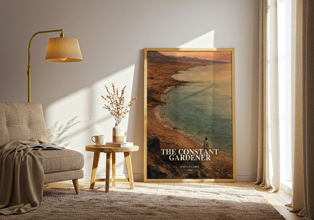 The Constant Gardener watercolour print in frame leaning in hallway – thriller wall art (mockup)